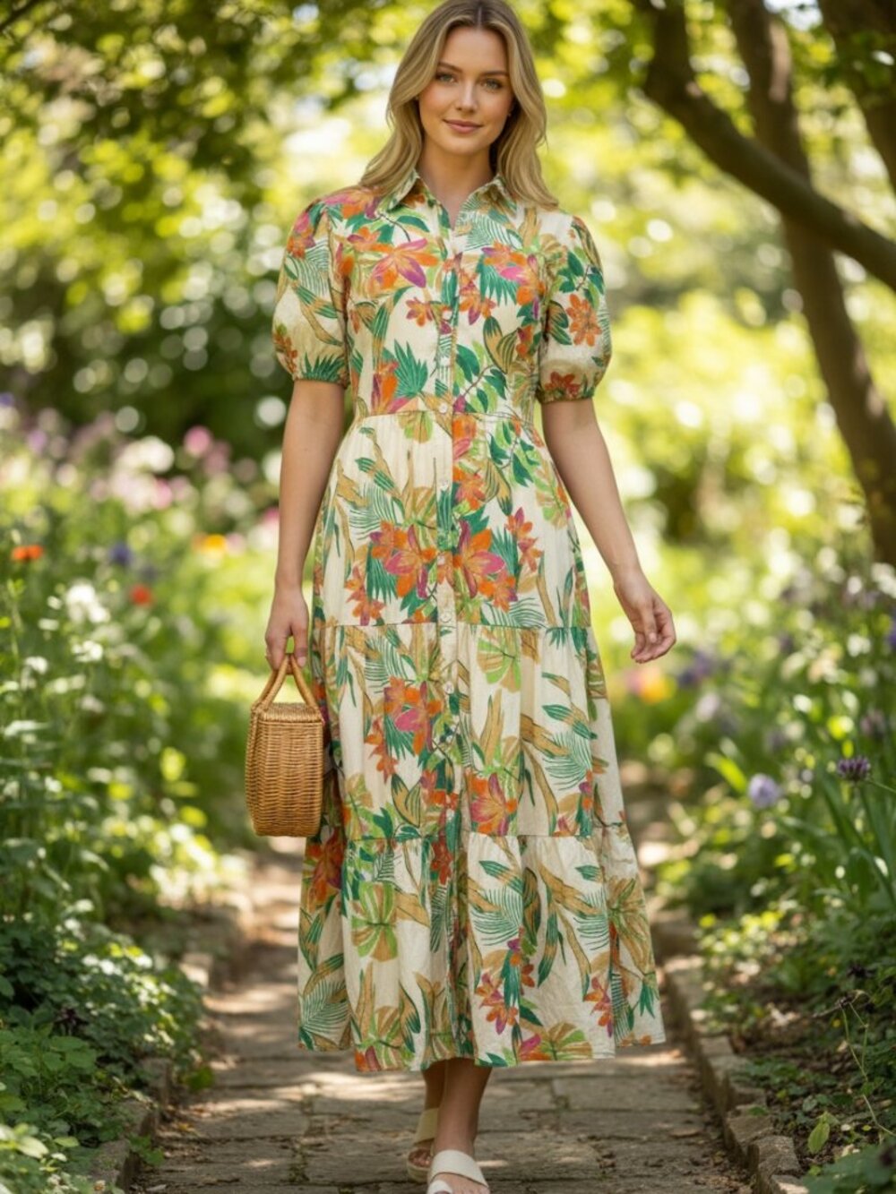 Flying Tomato Tropical Floral Puff Sleeve Button Front Maxi Dress M